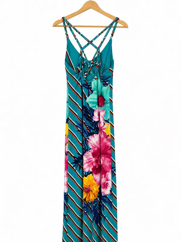 Tropical Floral Striped Crisscross Back Maxi Dress Medium‎ Side Slit - Image 2