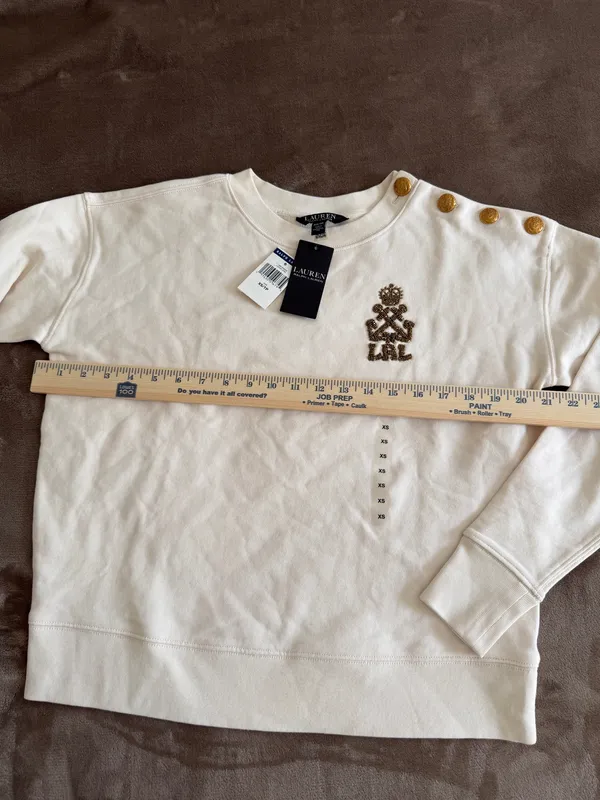 Lauren Ralph Lauren Women’s White Sweater Gold Button Beaded Logo NWT XS - Image 7