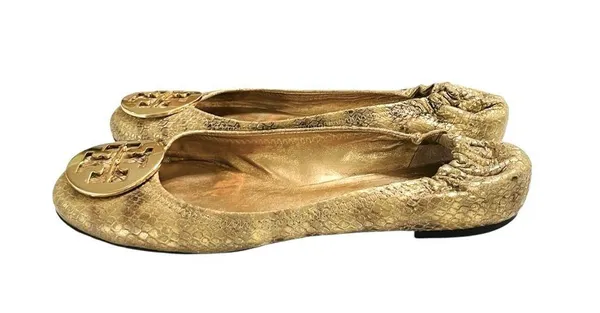 Tory Burch REVA GOLDEN SNAKESKIN MEDALION BALLET FLATS Size 8.5M VGC - Image 2