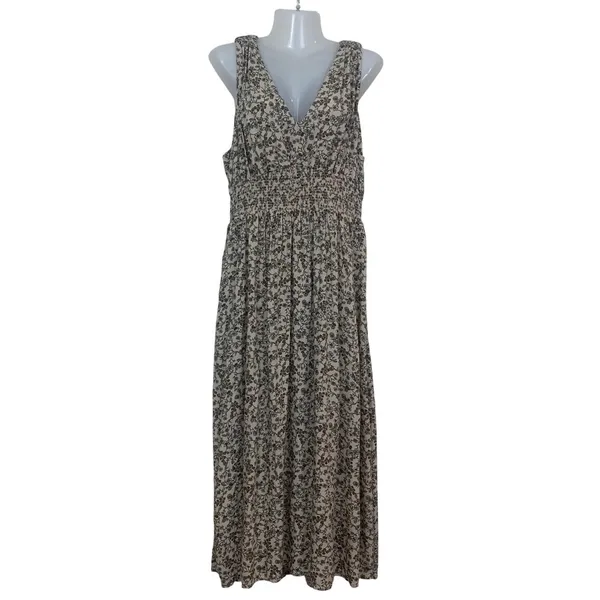 Old Navy Women's L Floral Smocked Waist V-Neck Maxi Dress Beige Brown Sleeveless - Image 3