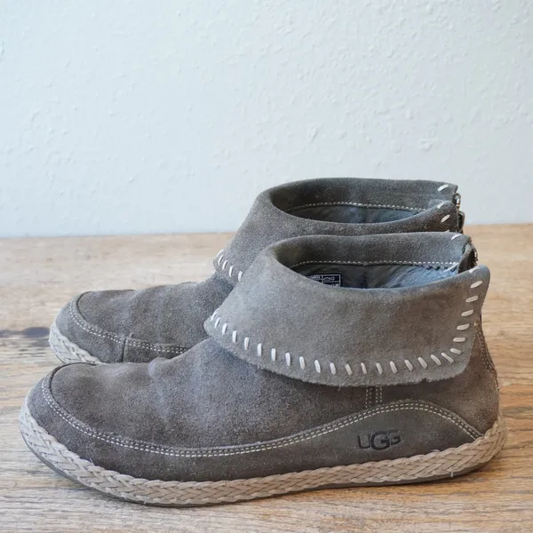 UGG Women's Size 8 Ankle Boot Gray Suede Leather Whipstitch Zip Boho Outdoors - Image 5