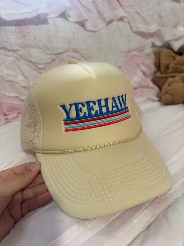 YEEHAW Embroidered Trucker Hat in Cream with Red & Blue Stripes - Image 2