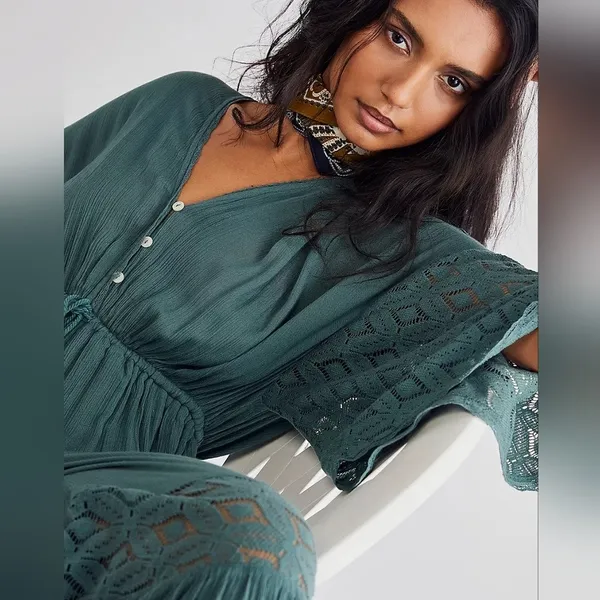 Free People Angela Jumpsuit Dried Pine Crochet Jumper Large Flowy Bohemian - Image 8