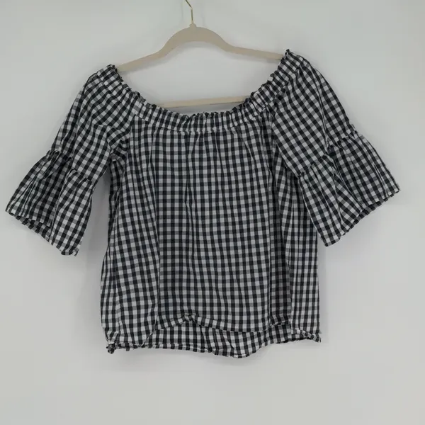 Abercrombie & Fitch Top Women’s S Black White Gingham Off Shoulder Bell Sleeve - Image 11