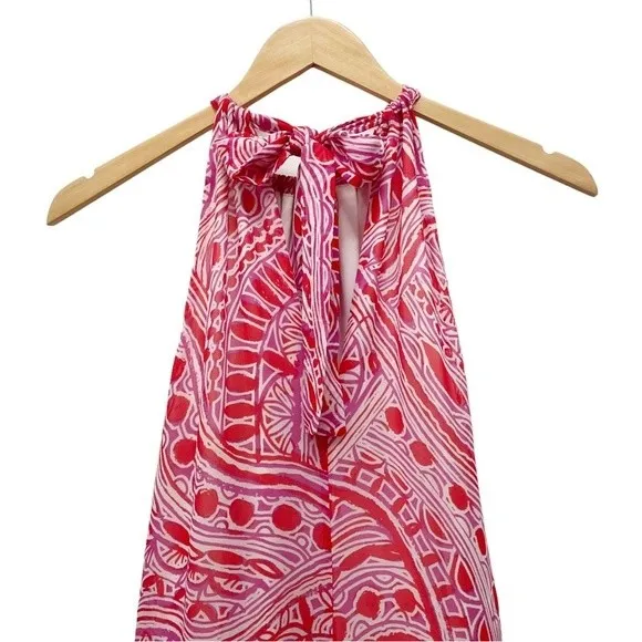 Trina Turk Dress 100% Silk Halter A-Line Mini Red Pink Tribal Print Size Medium - Image 5