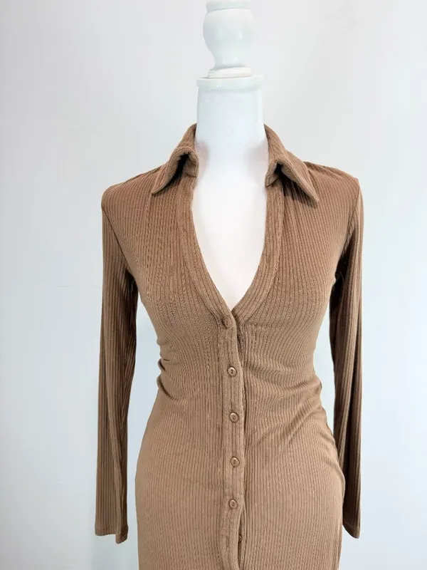Lucca Brown Ribbed Long Sleeve Button-Down Midi Dress With Collared Neckline S - Image 5