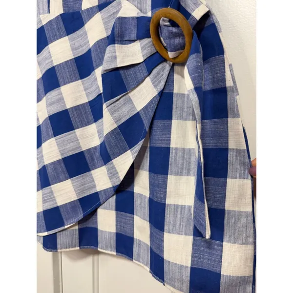 Blue Pepper Blue White Gingham Mini Wrap Dress Wooden Buckle Summer Picnic L - Image 6