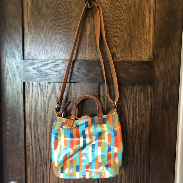 Fossil Crossbody Bag Calypso Key-Per Purse Multi Color Block Coated Canvas Brown - Image 4