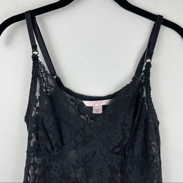 Victoria’s Secret Black Floral Lace Slip Dress Medium Ruffle Hem Sexy Lingerie - Image 2