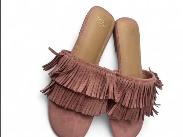 Time and Tru Dusty Rose Suede Fringe‎ Slide Sandals - Image 2