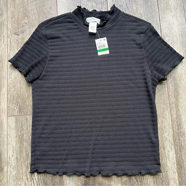 Planet Gold Macy’s NWT Black Mock Neck Lettuce Trim Ribbed Short Sleeve Top - Image 8