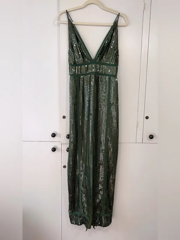 ASOS Olive Green Sequin Maxi Dress Deep V Front Slit Glam Evening Gown US 6 - Image 3