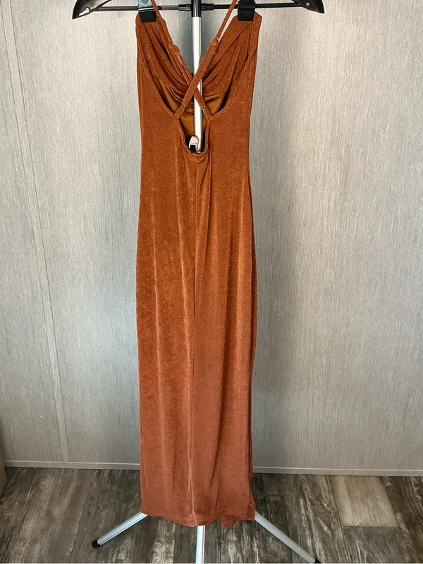 Cowl-Neck Midi Slip Dress in Rust Brown - Image 13