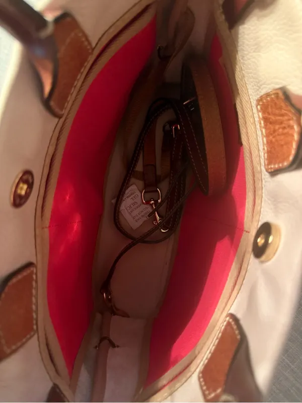 Dooney & Bourke Cream Leather Drawstring Tote with Brown Trim - Image 4