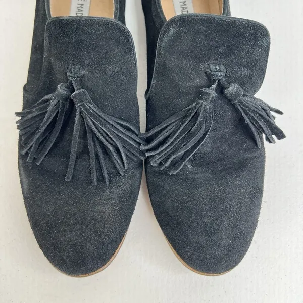 Steve‎ Madden 9.5 Create Tasseled Loafers Black Suede Leather Slip On Almond Toe - Image 5
