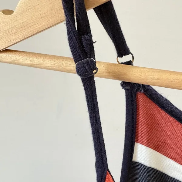 Market & Spruce Striped Faux Wrap Midi Dress Navy Blue Orange‎ Red Womens Medium - Image 3