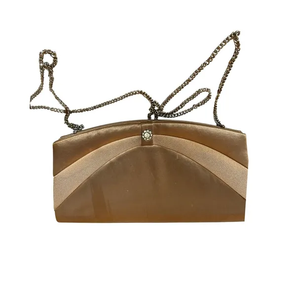 Champagne Gold Satin Evening Clutch Rhinestone Accent‎ Chain Strap Bag - Image 3