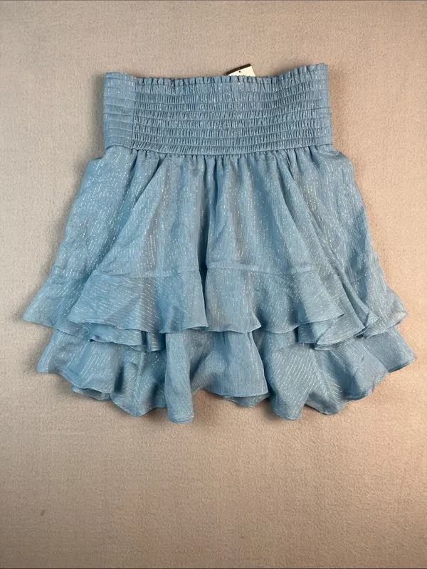 ALC Frank Light Blue Tiered Silk Ruffle Skirt with Metallic Thread NWT SIZE: 4 - Image 3