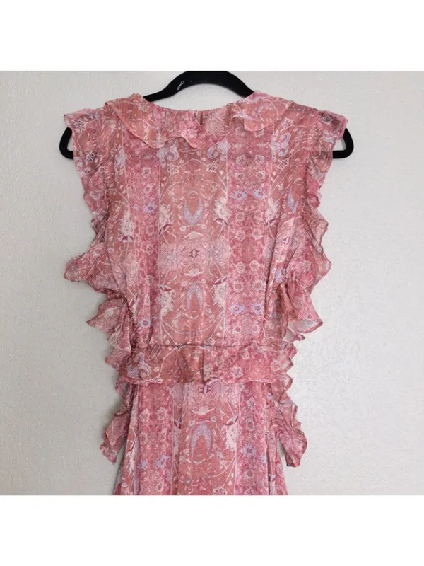 MISA Nastasha Maxi Dress L Ruffle Side Cut Out Floral Tiered Sleeveless Sheer - Image 10
