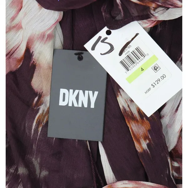 NWT DKNY Tie-Waist Ruched Puff Sheer Sleeves Dress Raisin Purple Multi 4 - Image 7
