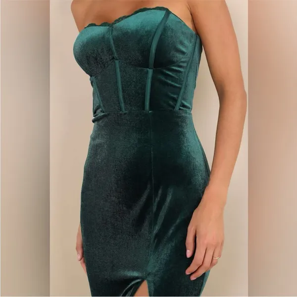 Lulus Luxurious Allure Emerald Green Velvet Strapless Maxi Dress, Size Medium - Image 3