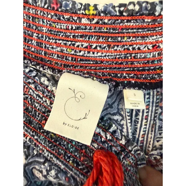 Eloise Anthropologie Boho Geometric Print Wide Leg Smocked‎ Pants Blue Red Small - Image 5