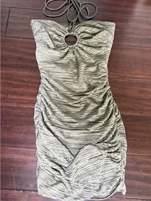 Lucy in the Sky Olive Ruched Strapless Halter Mini Dress Small - Image 5