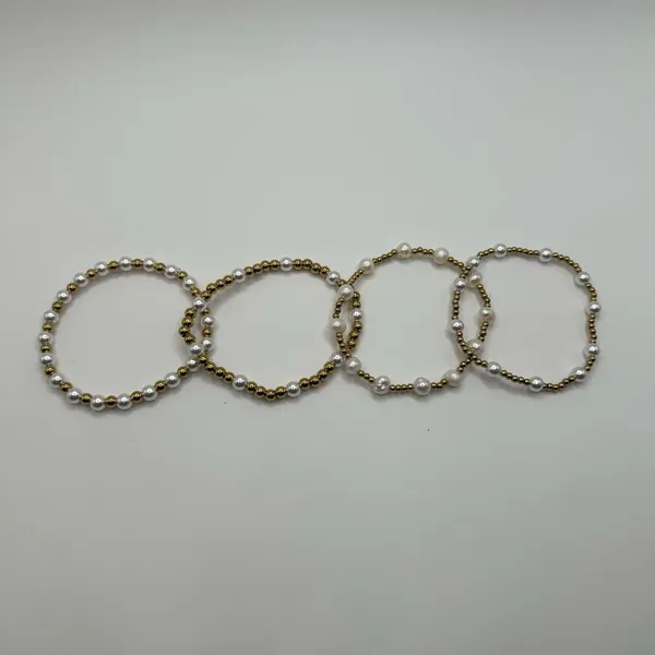 Womens Pearl Gold Bead Stretch Bracelet Set of 4 18k Plated Saphir New - Image 3