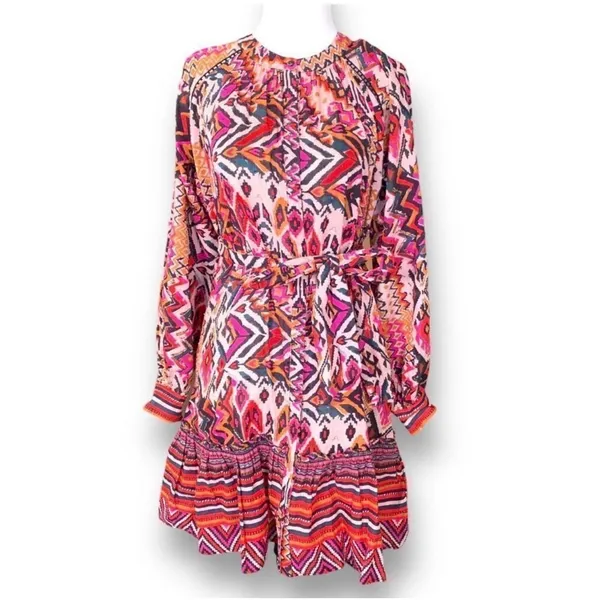 Zara Angie Belted Abstract Print Mini Dress Pink Red Boho‎ Ruffle Drop Waist XS - Image 3