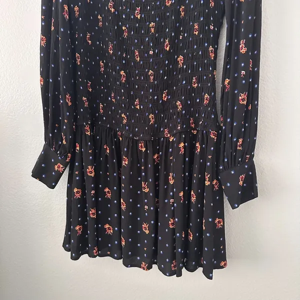 Free People-M Floral Long Sleeve Smocked Mini Dress Romantic Boho-Chic Babydoll‎ - Image 13