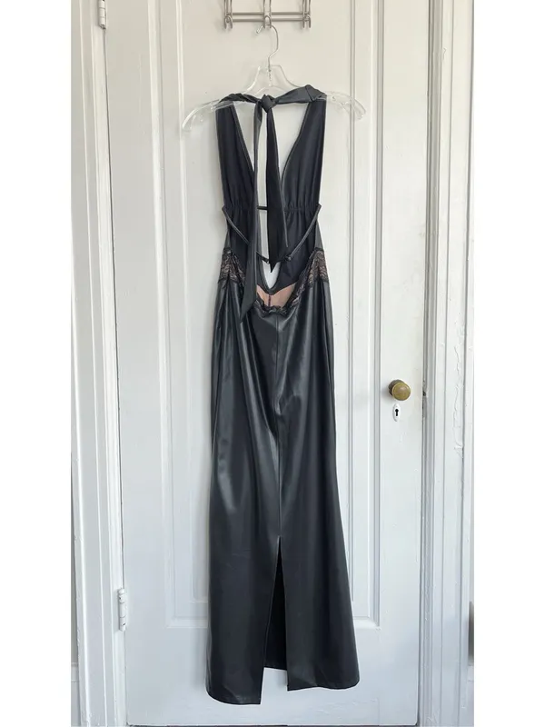I AM GIA • Astora Maxi Dress black faux leather illusion lace plunge halter sexy - Image 10