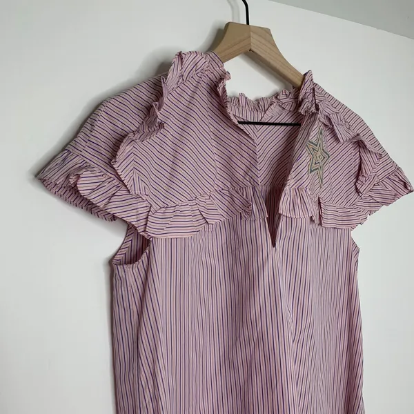 Sandro Striped Ruffled Cotton Rose Shirt Midi Dress Womens 2 - Image 6