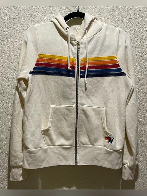 Aviator Nation 5 Stripe Vintage Cream Rainbow-Stripe Zip Hoodie & Jogger Set XS - Image 5