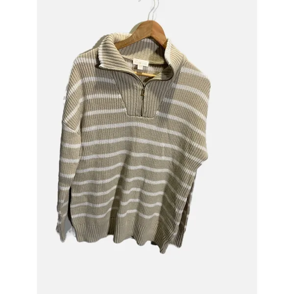 Belle by Kim Gravel Sweater Womens M Tan Striped Quarter Zip Knit Pullover - Image 2