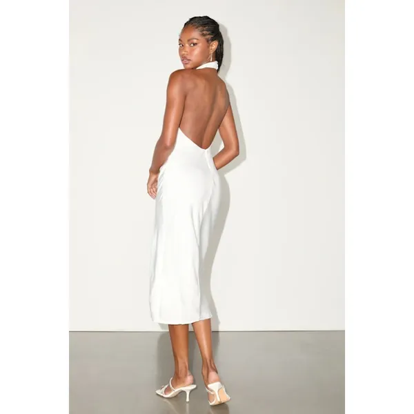 Lulus Beyond Classy White Satin Halter Midi Dress Engagement Party Elegant Large - Image 3