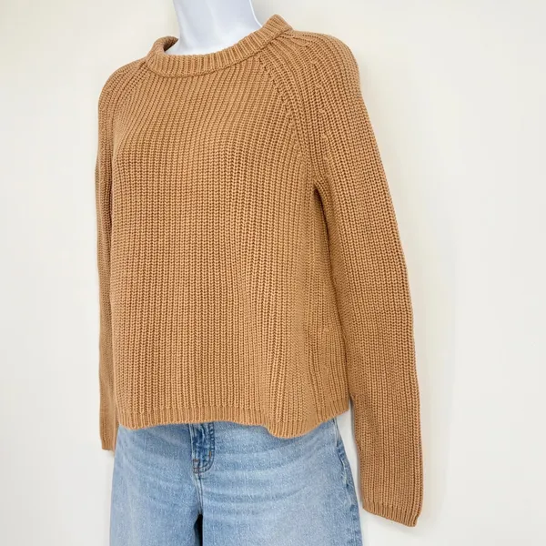 Quince Fisherman Crew Sweater Women XS Camel 100% Organic Cotton Ribbed Knit Top - Image 3