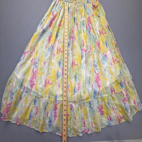 Anthropologie Watercolor Maxi Dress Yellow‎ Pink Blue Smocked Waist Size 4 - Image 6