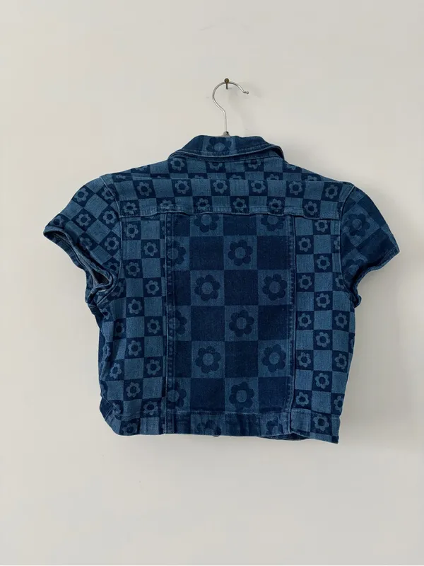 Jaded London Flower Checkered Print Short Sleeve Cropped Y2K 90s Button Down Top - Image 3