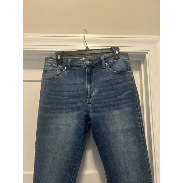KanCan Mid Rise Tapered Leg Jeans Size 13/30 Dark Wash Stretch Denim Frayed Hem - Image 2