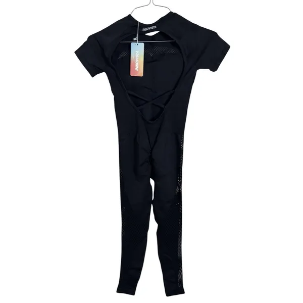 Innovista Womens Black Mesh Jumpsuit Size S Yoga Workout Unitard One-Piece - Image 4