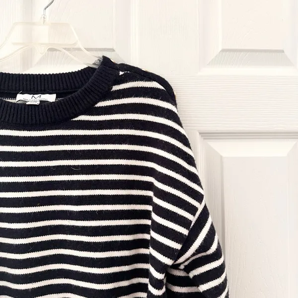 Magaschoni Black White Nautical Preppy Stripe Shoulder Button Dolman Sweater XL - Image 3