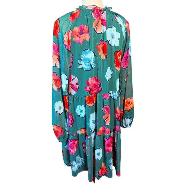 Lark + Grey Womens L Green Floral Ruffle Tie Neck Long Sleeve Tiered Midi Dress - Image 4