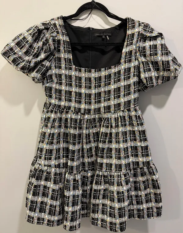English Factory Colorful Tweed Square Neck Puff Sleeve Babydoll Dress Black Multi - Image 5