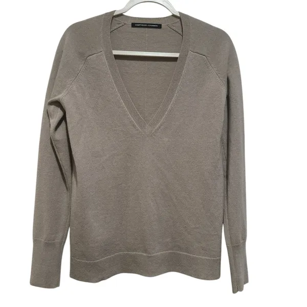 Comptoir Des Cotonniers Neutral Cashmere Vneck Popover Taupe Sweater M - Image 2