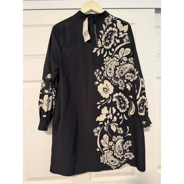 Zara Black Floral Paisley High Neck Minimalist Dress Bohemian Summer Gold Button - Image 2