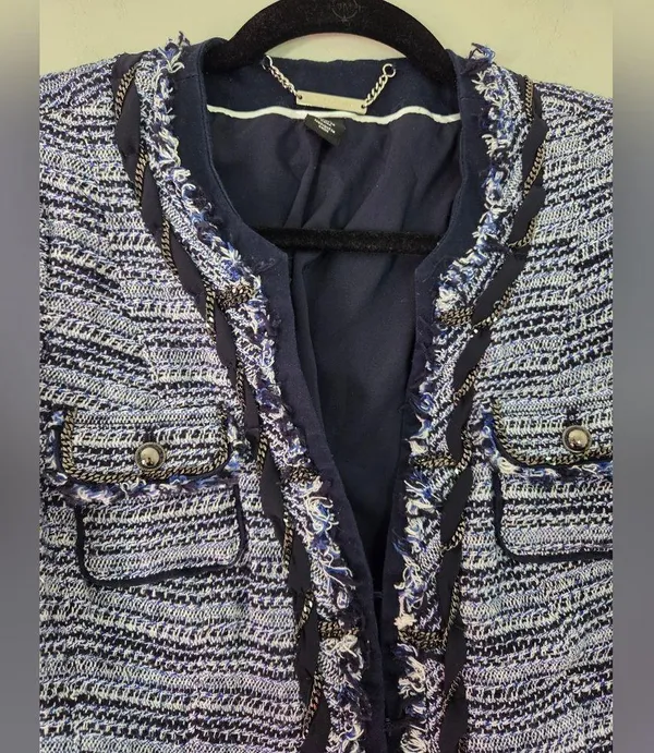 White House Black Market Blue and Black Tweed Jacket - Image 2