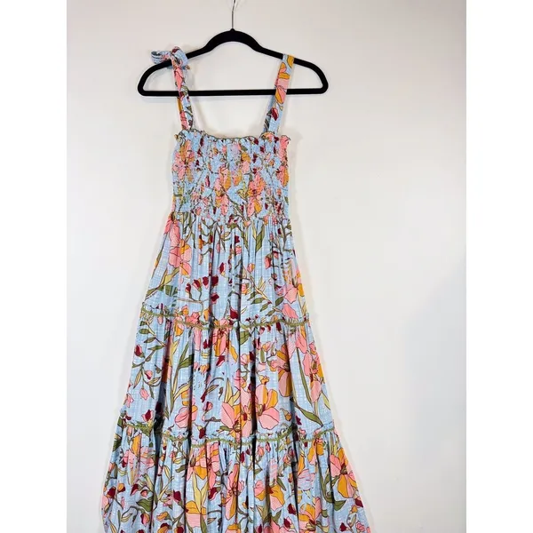 Poupette St Barth Dress Blue Midi Kleid Triny Floral Tank Tiered Smocked Boho XS - Image 10