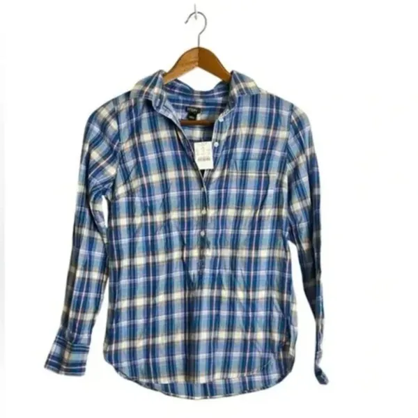 J. Crew NWT Blue White Plaid Preppy Flannel Perfect Popover Shirt - Image 2