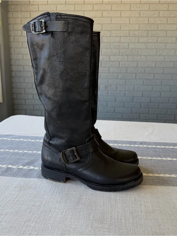 Frye Veronica Slouch Boots Black Leather Harness Engineer Boots Size 6 - Image 3