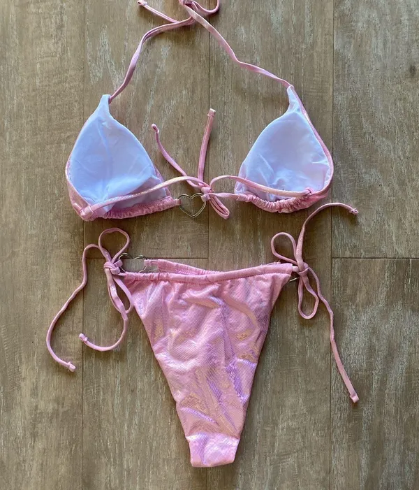 Iridescent holo snakeskin baby pink heart cut out bikini top bottom M NEW - Image 4